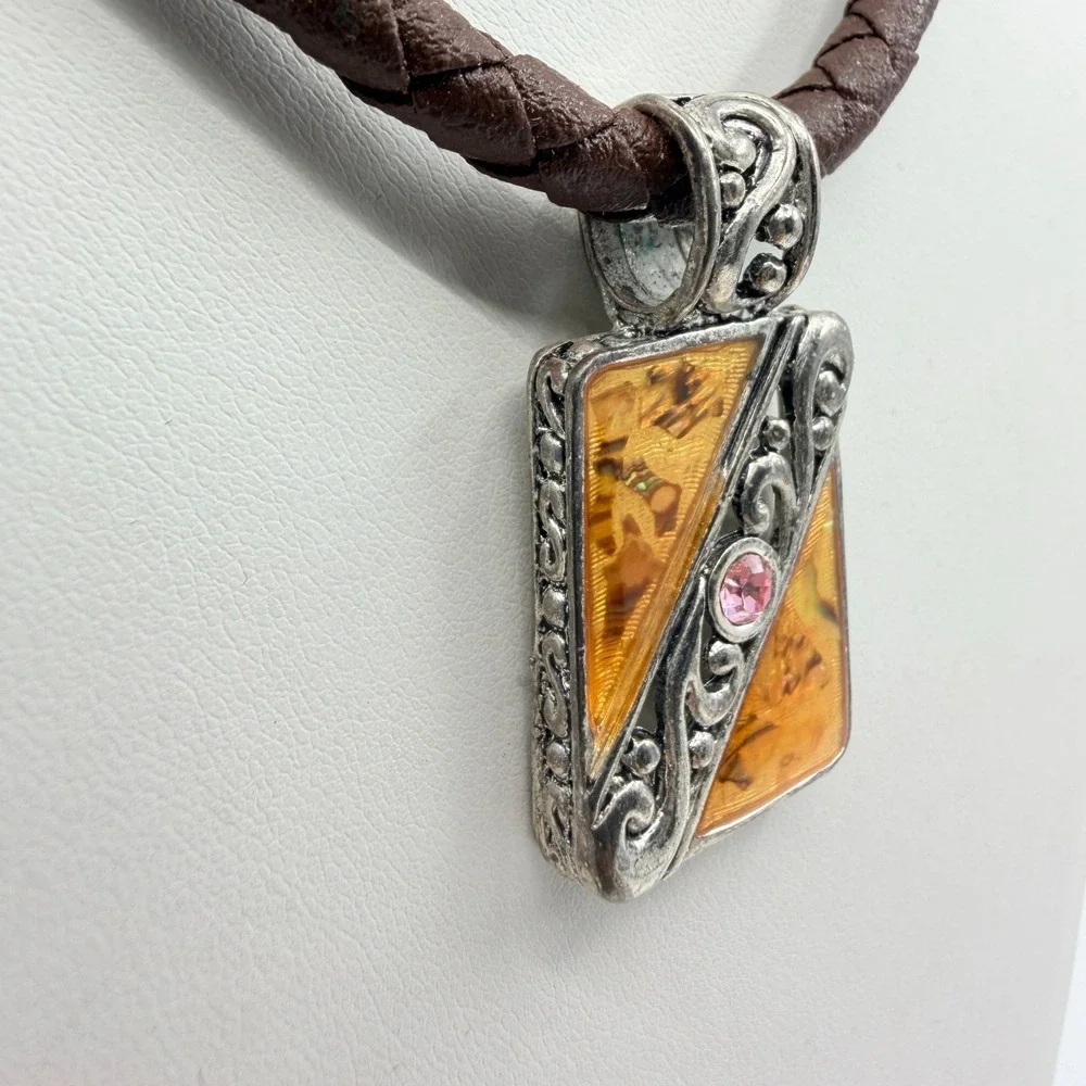 VTG Amber & Silver Resin Statement Necklace with Braided Leather Pendant